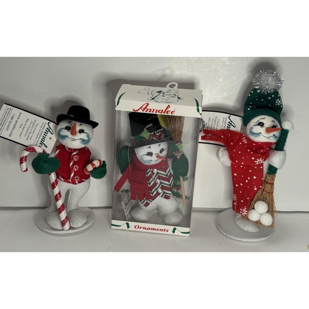 3 Annalee Snowman Candy, Classic & Peppermint Christmas Dolls w/ Tags Box